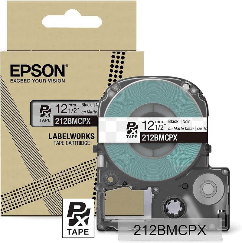 LABELWORKS Epson 212BMCPX Genuine PET (Polyester) Tape Cartridge - Black on Matte Clear Designer Craft Label Maker Tape - 1/2" (12MM) Wide, 26' - Image 1